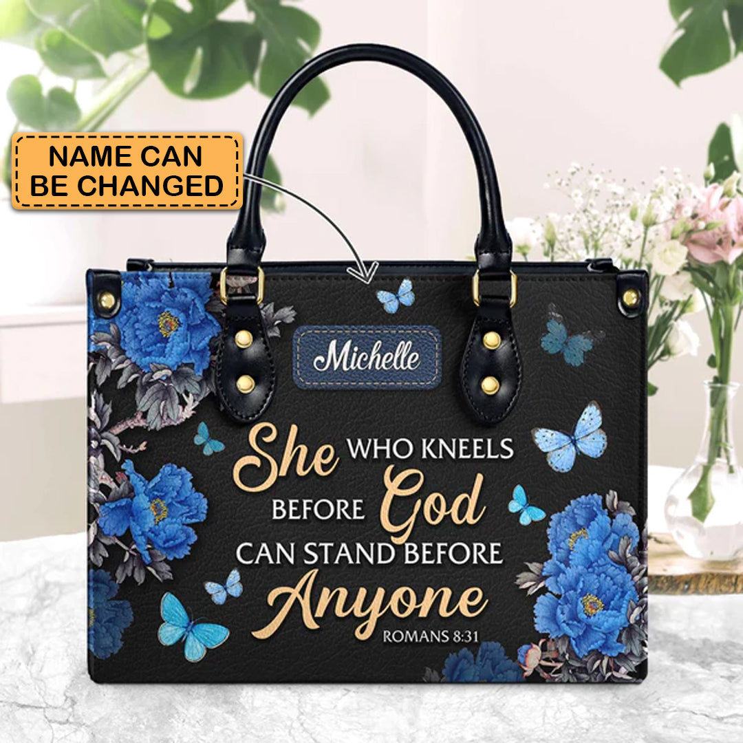 Christianartbag Handbags She Who Kneels Before God Romans 8 31 Handbag Design Monogram – Christian apparel for women