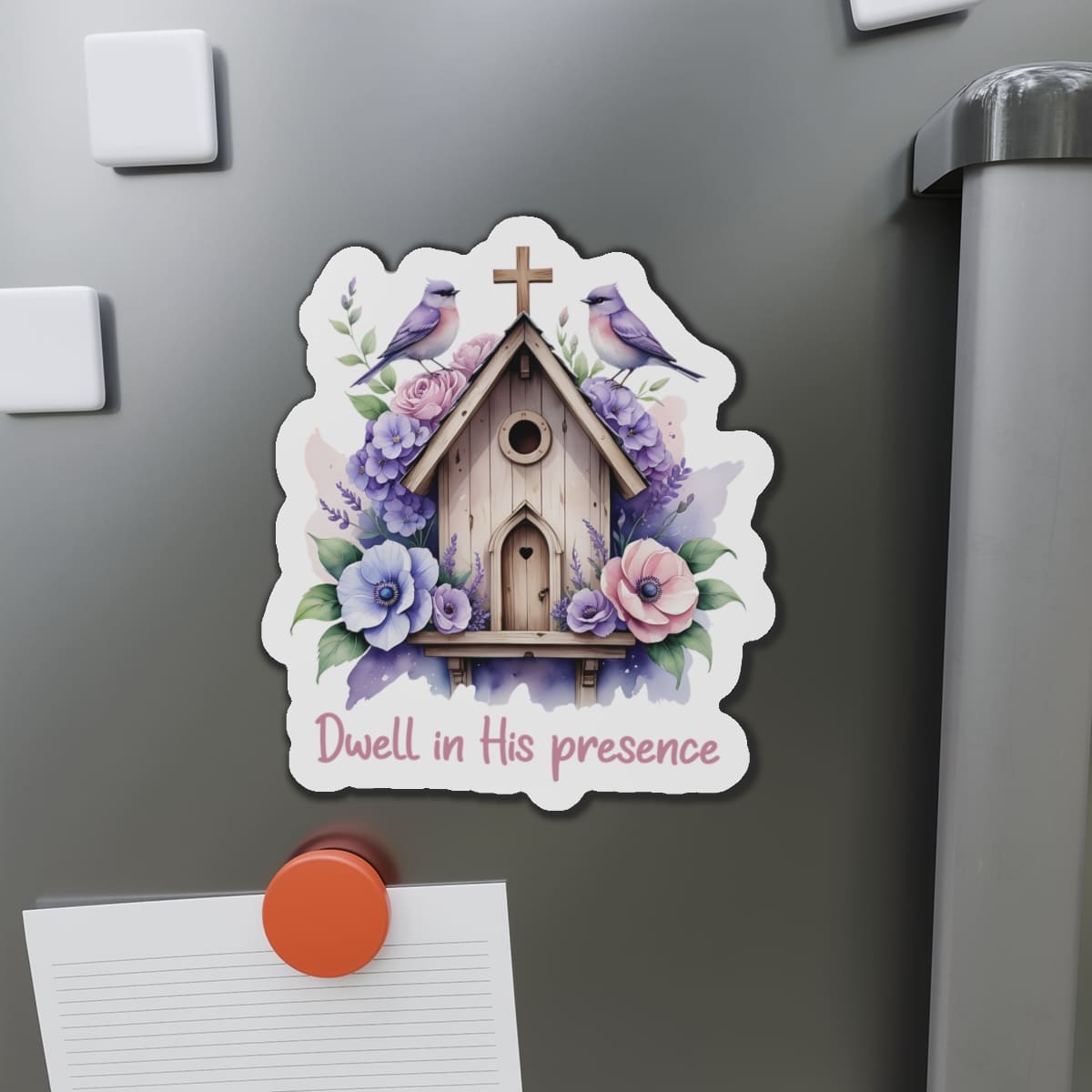 Dwell in His Presence Christian Sticker – Birdhouse Cross Floral Vinyl Decal – Faith Waterproof Sticker for Laptop, Water Bottle, Journal|STK27