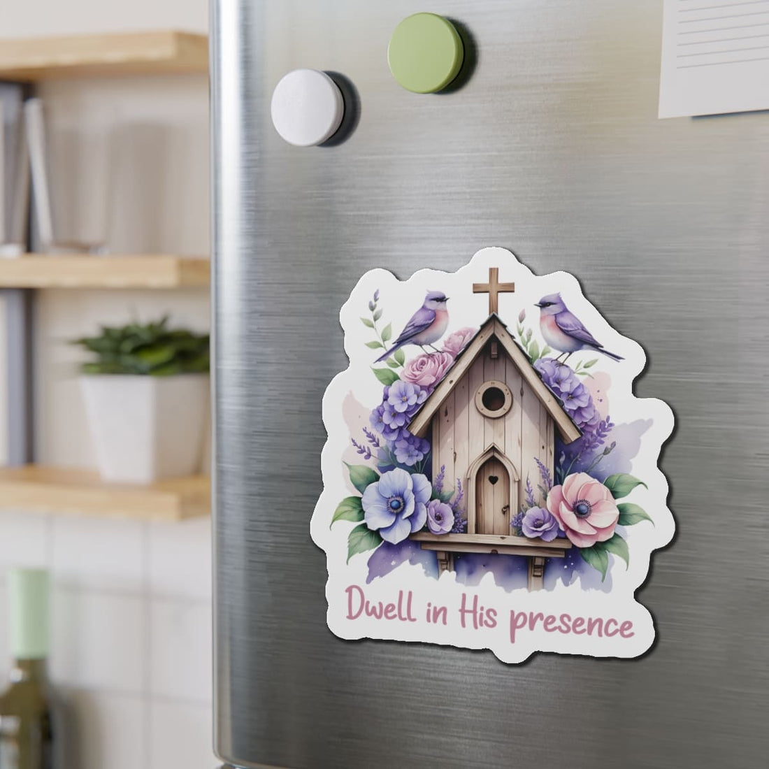 Dwell in His Presence Christian Sticker – Birdhouse Cross Floral Vinyl Decal – Faith Waterproof Sticker for Laptop, Water Bottle, Journal|STK27