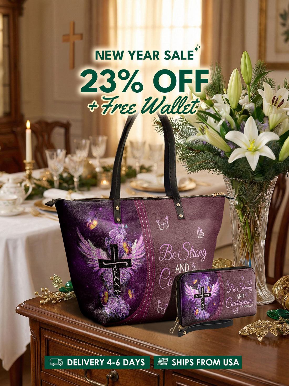 Courage - Joshua 1:9 Leather Tote Bag Deal – Christian apparel for women – Premium Vegan Leather