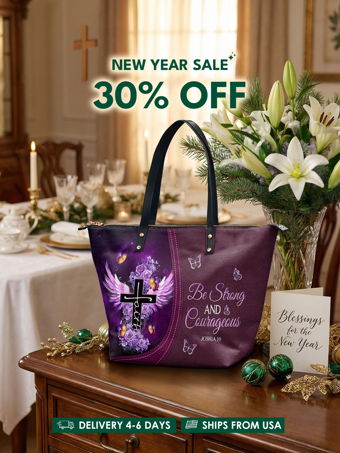 "Courage" - Joshua 1:9 Leather Tote Bag – Christian apparel for women – Premium Vegan Leather