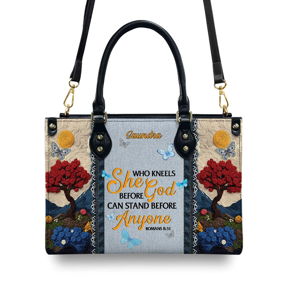 Christianartbag Handbags She Who Kneels Before God Romans 8 31 Embroidered Handbag – Christian apparel for women – TOTE bag