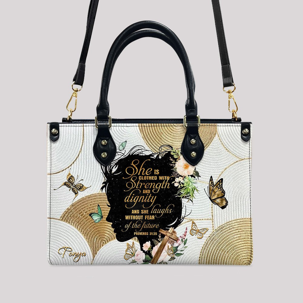 Personalized Christian Handbag – Proverbs 31:25 “Clothed in Strength and Dignity” – – Christian apparel for women – Leather B