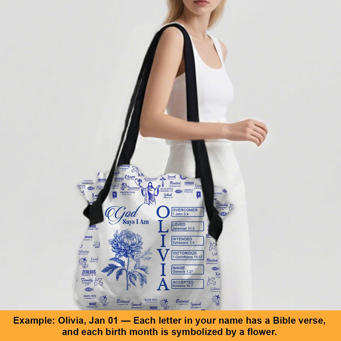 Personalized Christian Tote Bag – Large Oxford Fabric Shoulder Bag with Custom Name – Christian apparel for women – Blue
