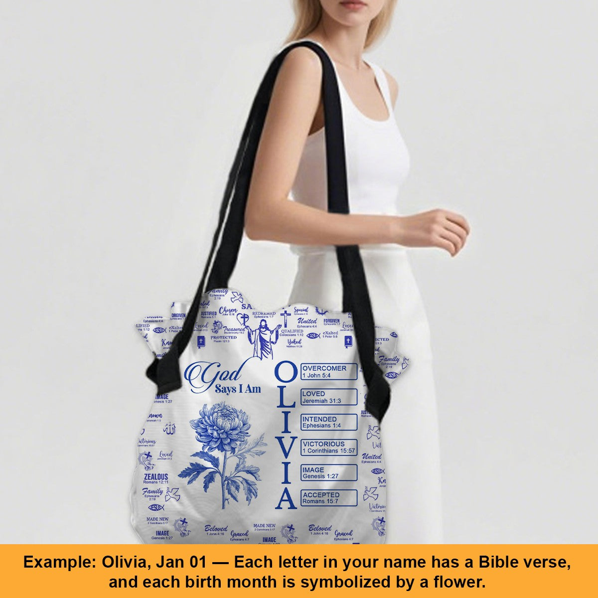 Personalized Christian Tote Bag – Large Oxford Fabric Shoulder Bag with Custom Name – Christian apparel for women – Blue