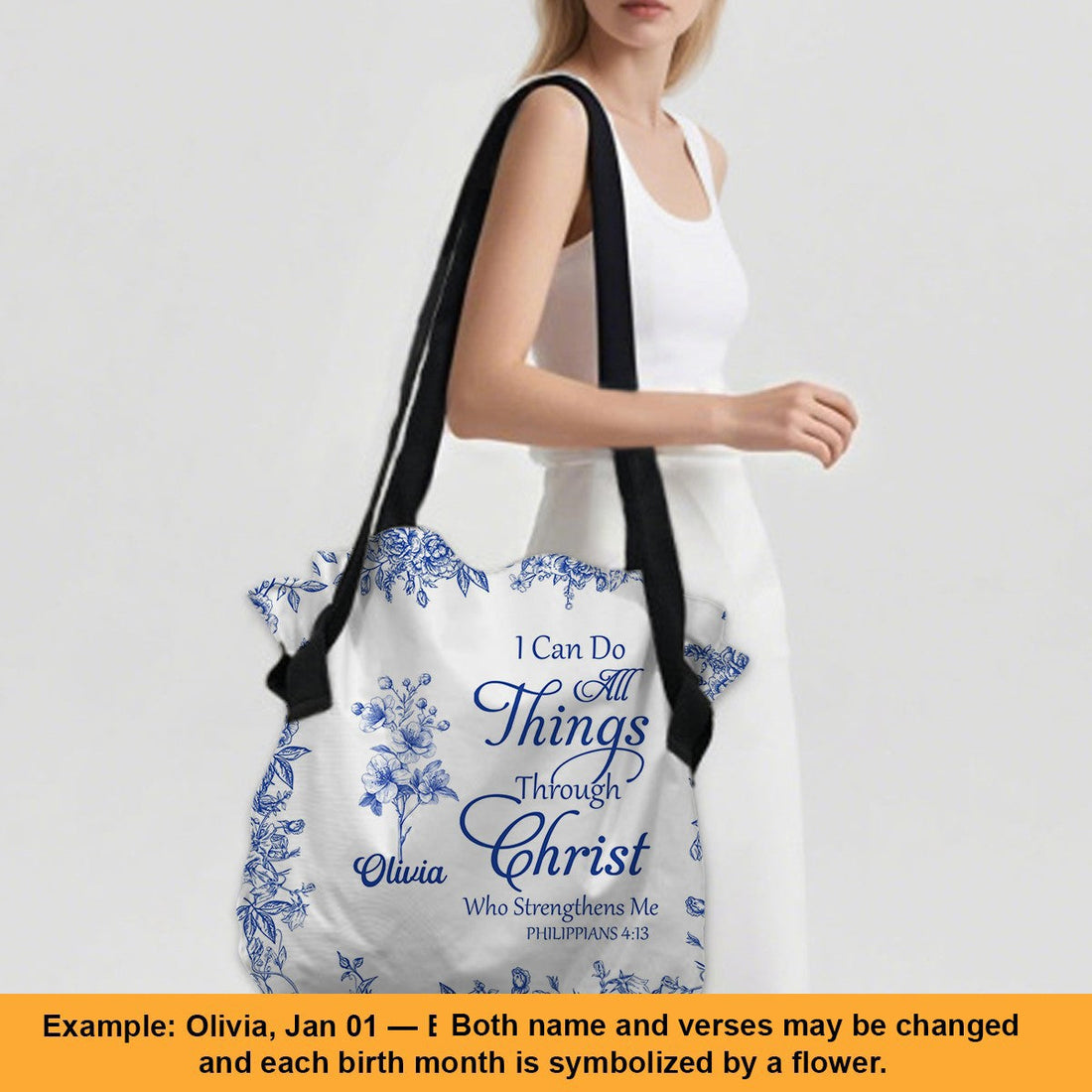 Personalized Large Oxford Fabric Tote Bag – Christian Bible Verse Shoulder Bag with – Christian apparel for women – I Can Do 