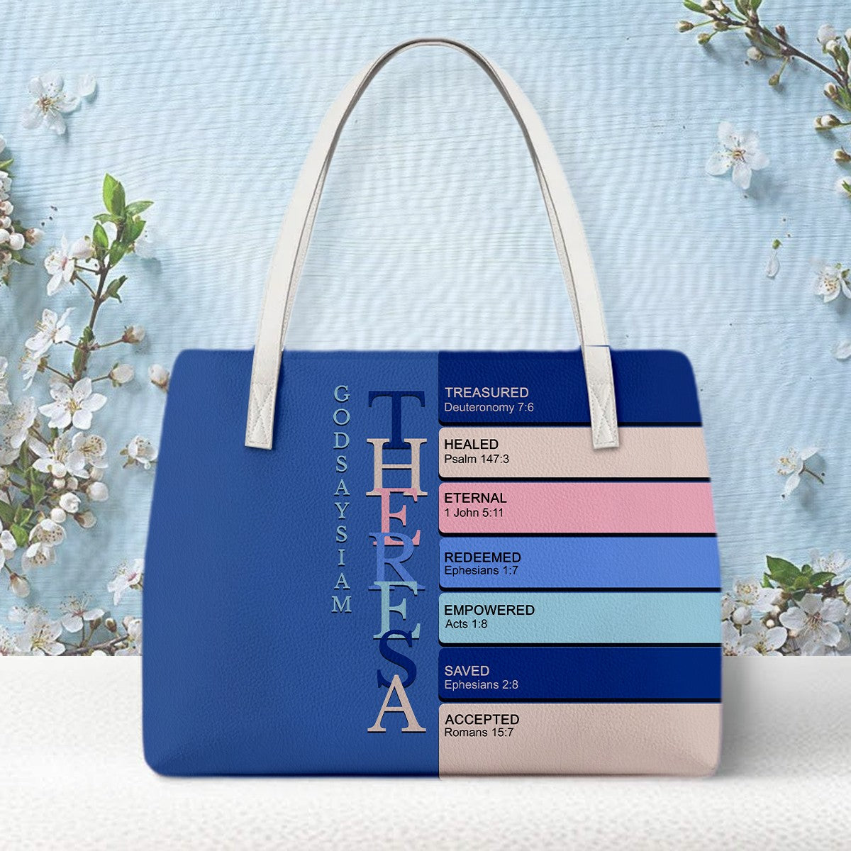 Personalized Christian Tote Bag – God Says I Am Custom Name & Color with Bible Verses – Christian apparel for women – Blue
