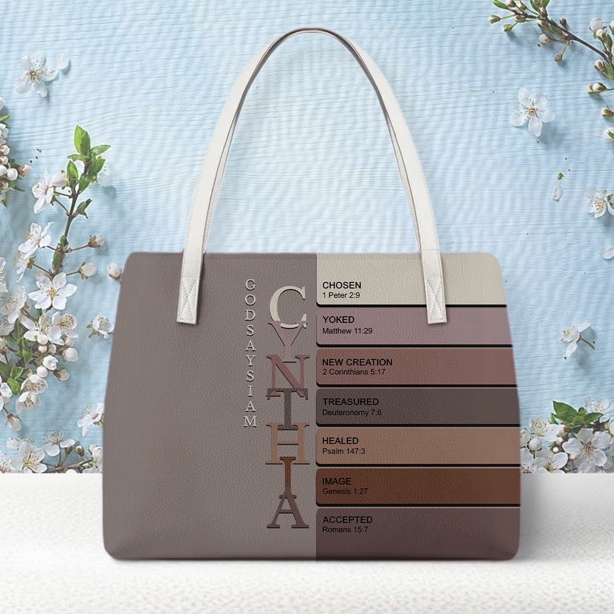 Personalized Christian Tote Bag – God Says I Am Custom Name & Color with Bible Verses – Christian apparel for women – Green