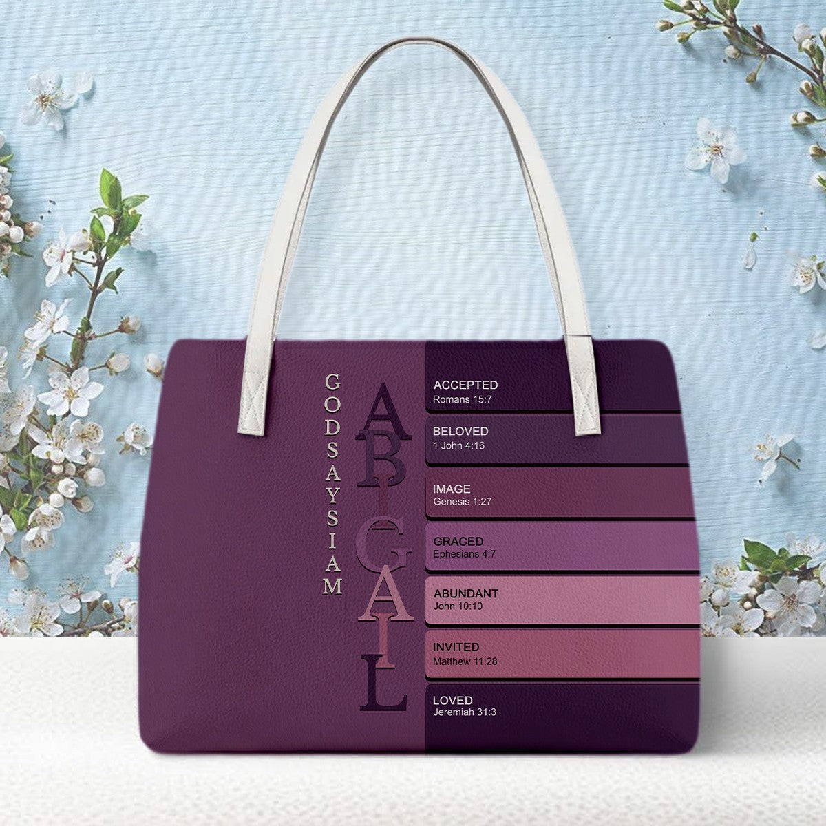 Personalized Christian Tote Bag – God Says I Am Custom Name & Color with Bible Verses – Christian apparel for women – Purple
