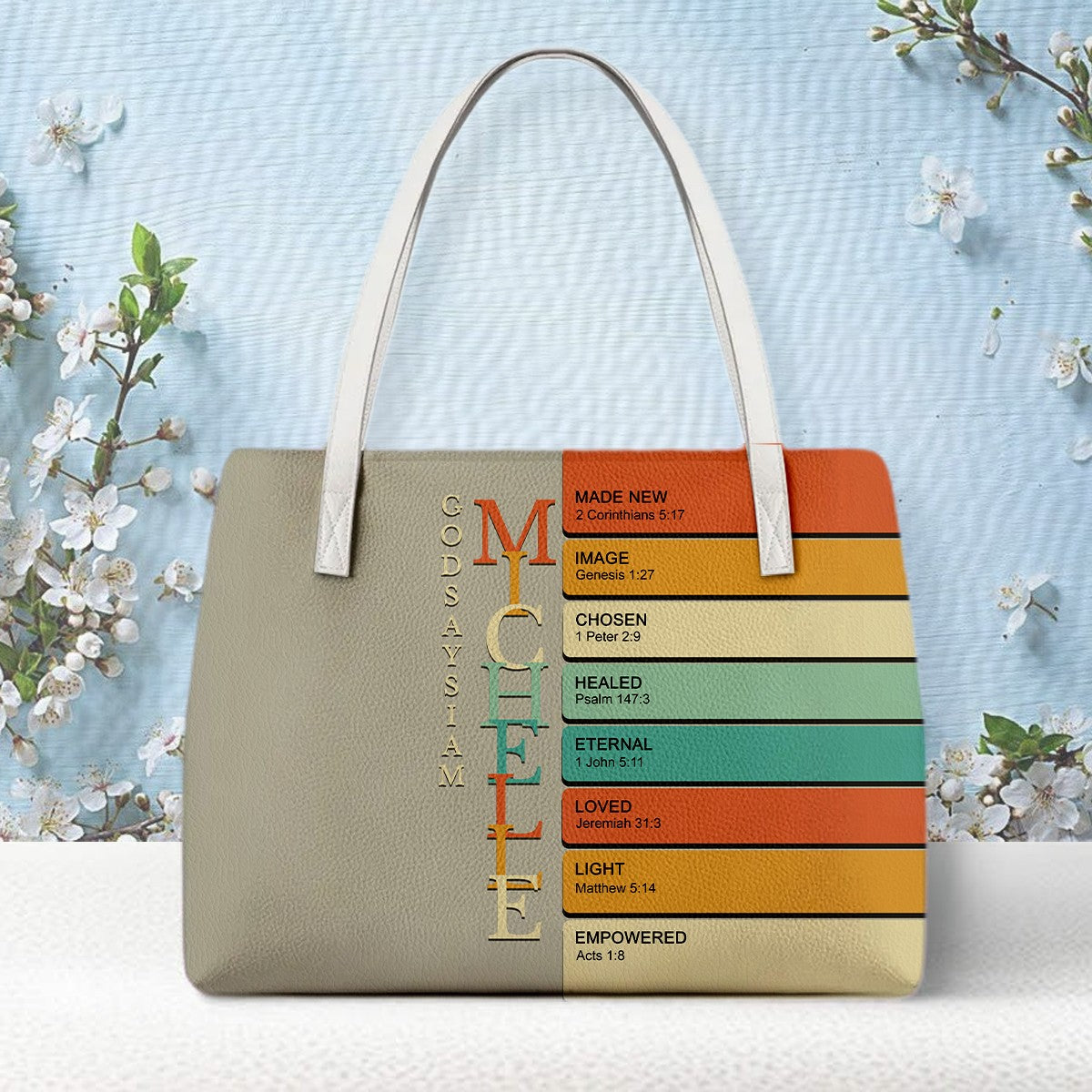 Personalized Christian Tote Bag – God Says I Am Custom Name & Color with Bible Verses – Christian apparel for women – Retro