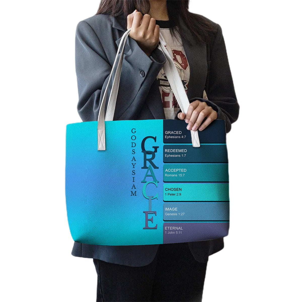 Personalized Christian Tote Bag – God Says I Am Custom Name & Color with Bible Verses – Christian apparel for women