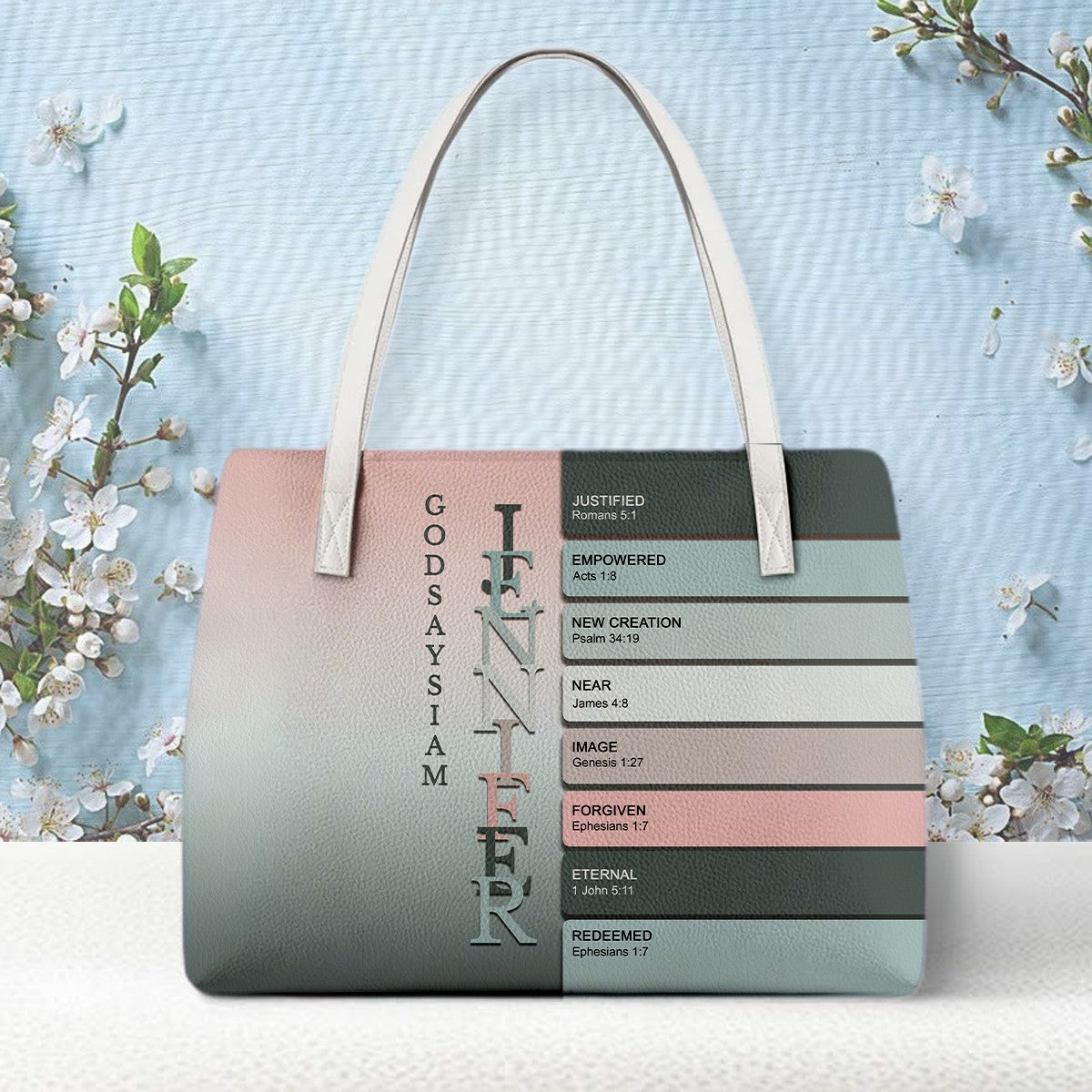 Personalized Christian Tote Bag – God Says I Am Custom Name & Color with Bible Verses – Christian apparel for women – Sliver 