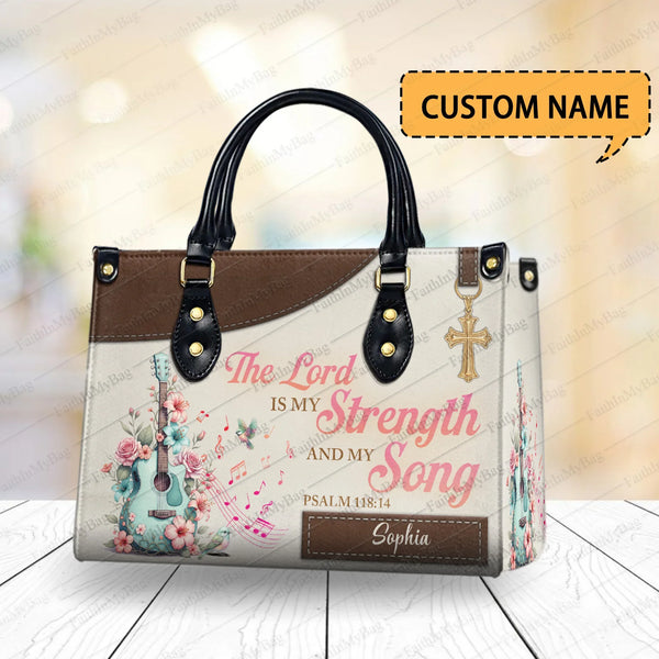 HB112 Christian Handbag with Psalm 118:14, Custom Name Purse, The Lord Is  My Strength and Song, Faith Inspired Leather Bag Gift