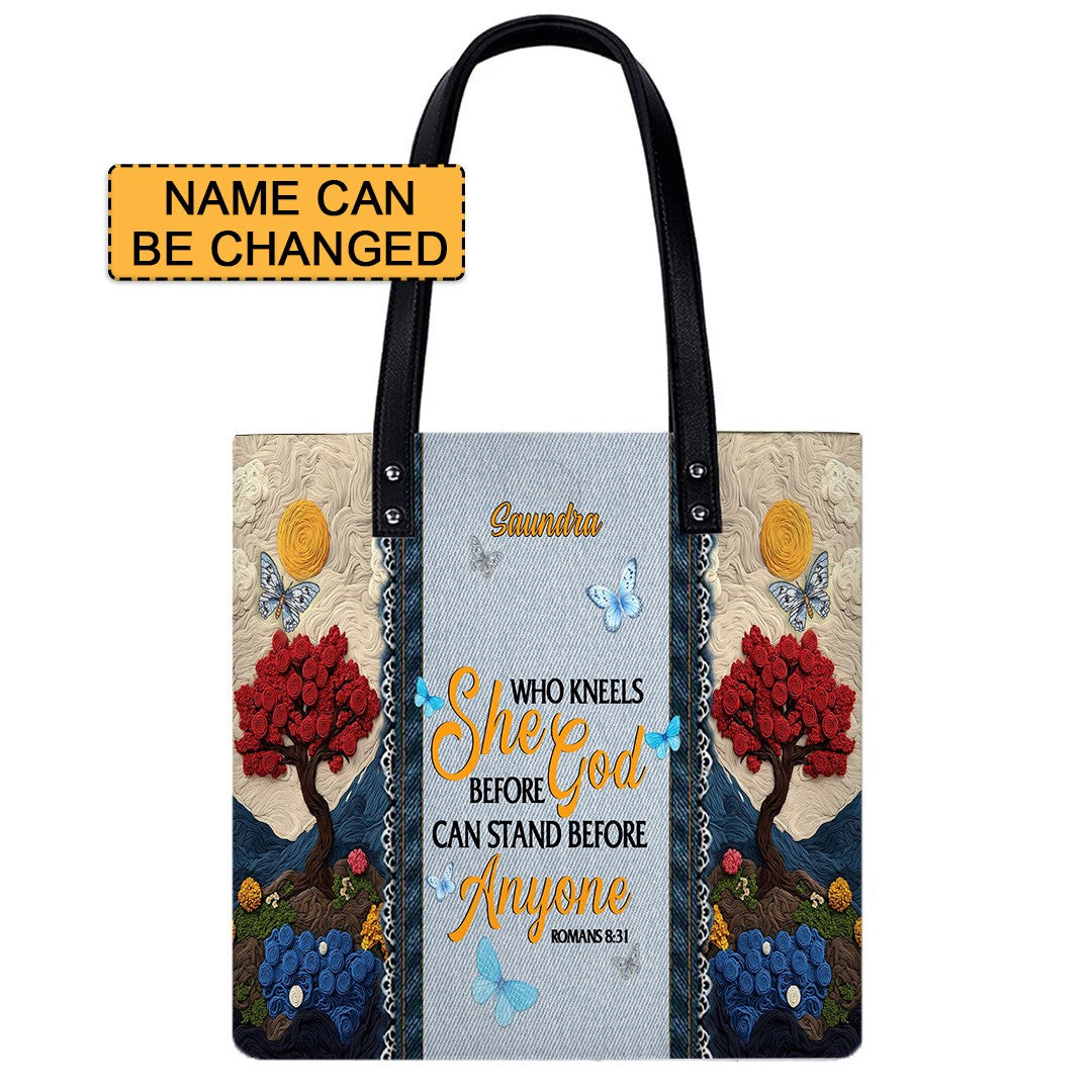 Christianartbag Handbags She Who Kneels Before God Romans 8 31 Embroidered Handbag – Christian apparel for women – Leather Bi