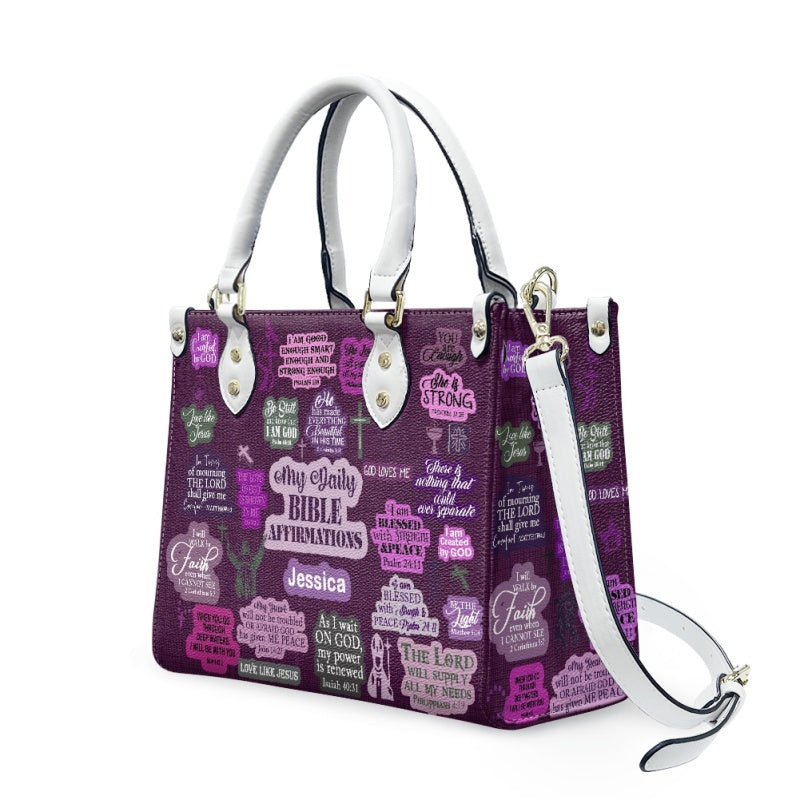 Christianartbag Handbags My Daily Bible Affirmations Purple Leather Handbag Handbag – Christian apparel for women – Leather B