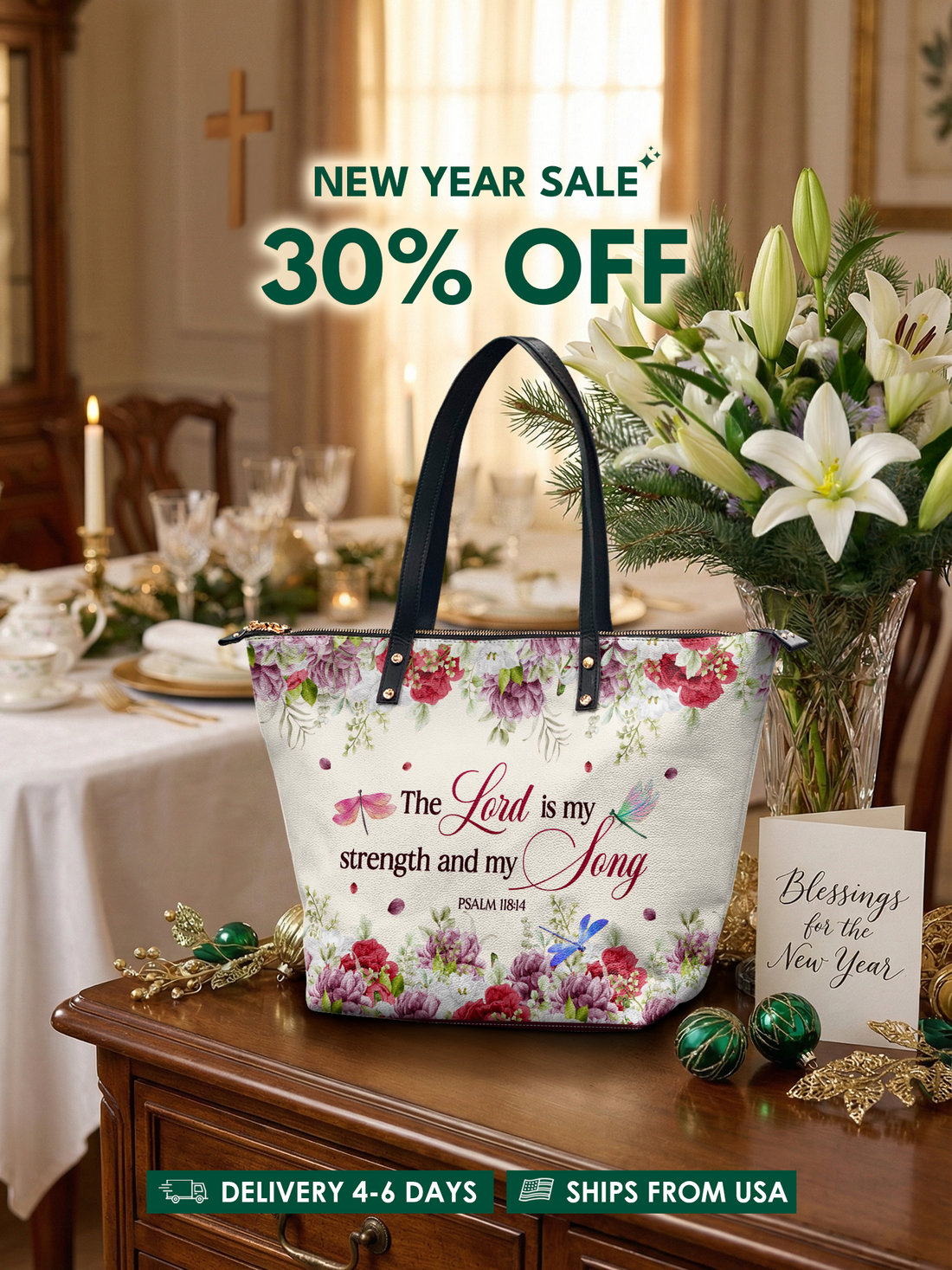 "Melody" - Psalm 118:14 Leather Tote Bag – Christian apparel for women – Premium Vegan Leather