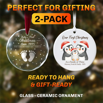Baby’s First Christmas Ornament 2025 & Family of Three Ornament Set | Glass & Ceramic 2-Pack | Personalized Christmas Gift|ONMCB21