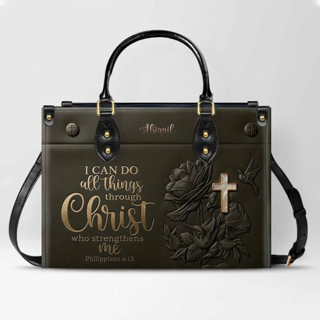 Personalized Leather Handbag for Christian Women - Custom Name "I Can Do All Things" Floral Cross Leather Purse | CHRISTIANARTBAG 01072126