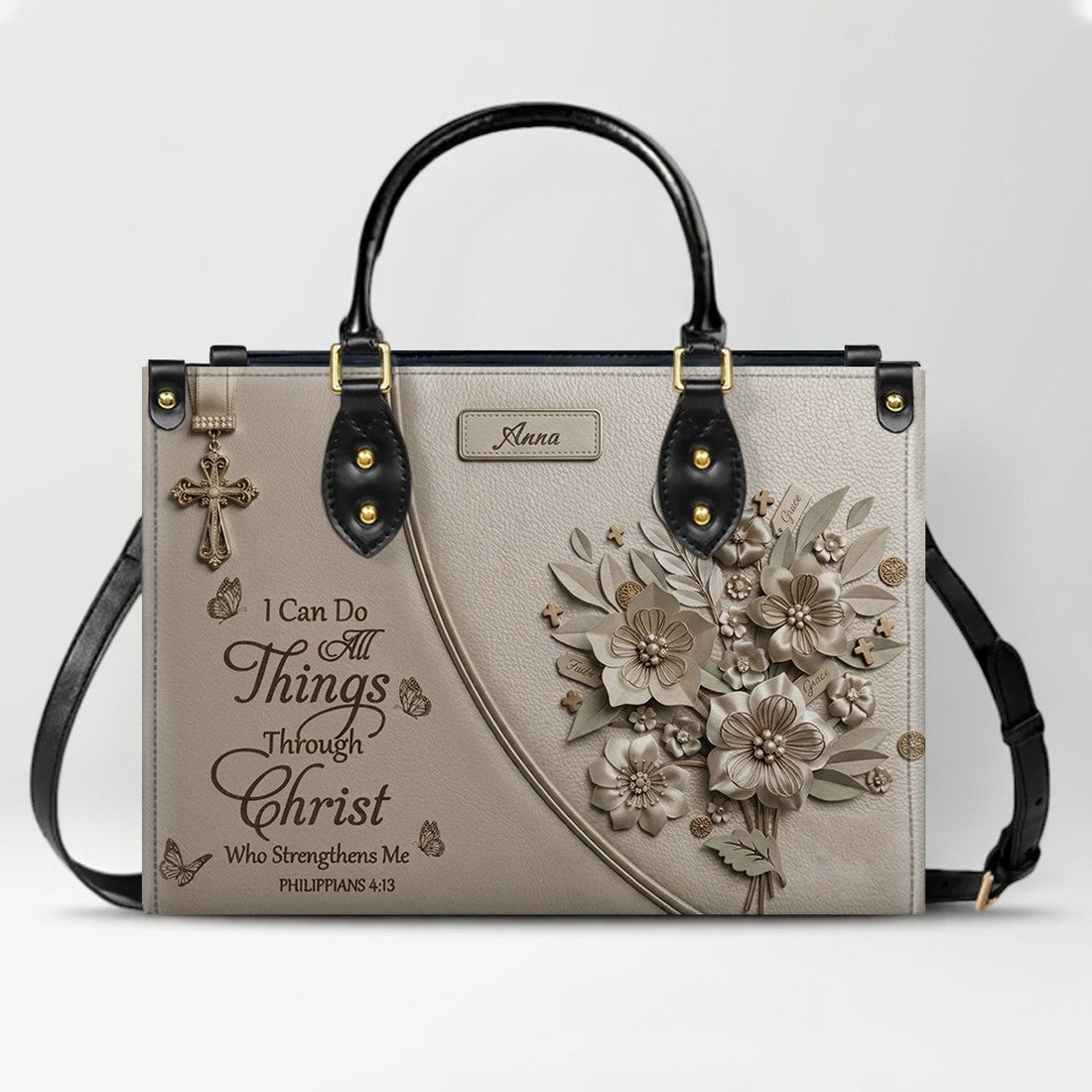 Custom Name Greige Leather Handbag | "I Can Do All Things Through Christ" Floral Design | CHRISTIANARTBAG 01070326