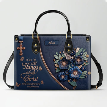 Custom Name Christian Leather Handbag by CHRISTIANARTBAG | I Can Do All Things Shoulder Bag, Religious Floral Gift for Her CAB01070126