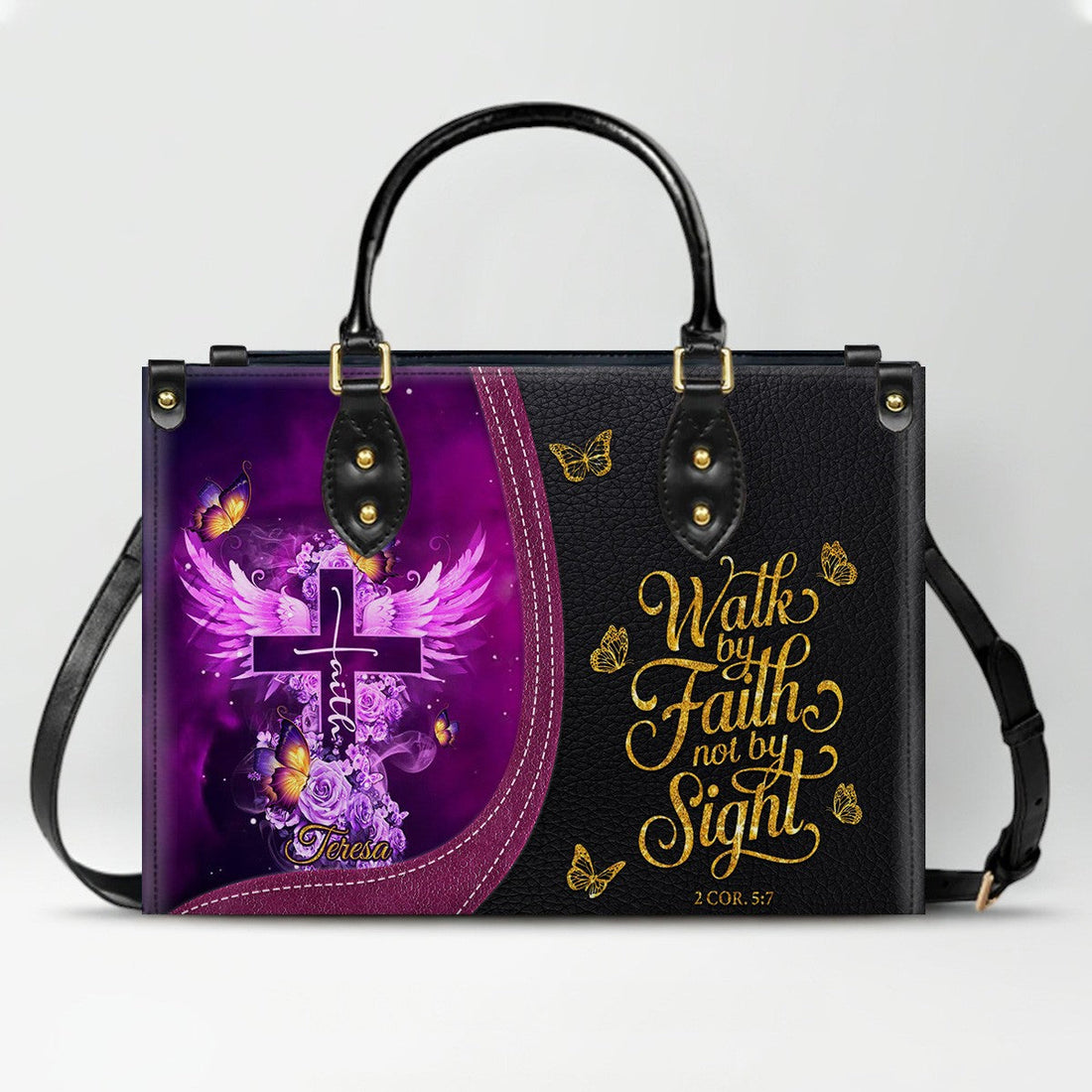 Personalized Christian Leather Handbag by CHRISTIANARTBAG - Custom Bible Verse Cross & Wings Design - Faith-Based Gift for Women CAB0141726