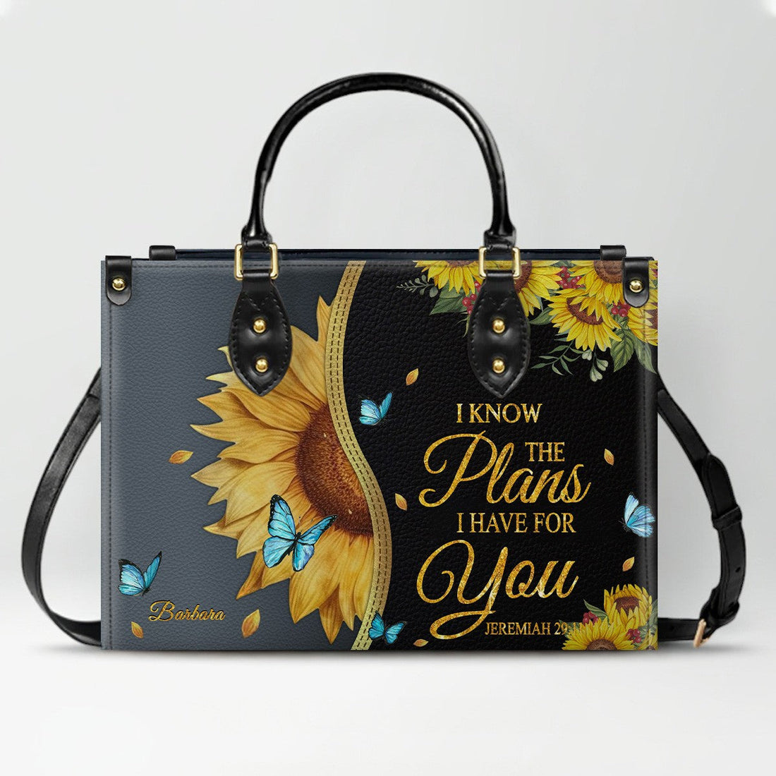 Personalized Philippians 4:13 Sunflower Leather Tote Bag - Custom Name Christian Gift for Women - Inspirational Bible Verse Satchel - Faith Based Handbag