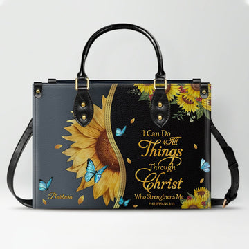 Personalized Philippians 4:13 Sunflower Leather Tote Bag - Custom Name Christian Gift for Women - Inspirational Bible Verse Satchel - Faith Based Handbag
