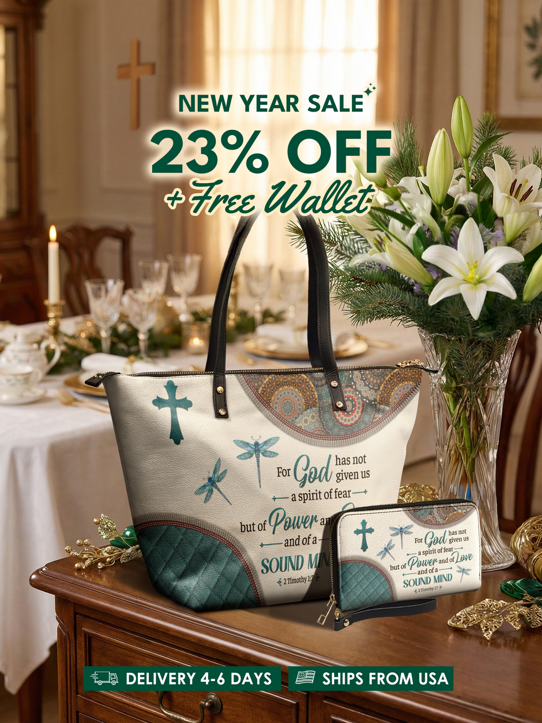 Poise - 2 Timothy 1:7 Leather Tote Bag Deal – Christian apparel for women – Premium Vegan Leather