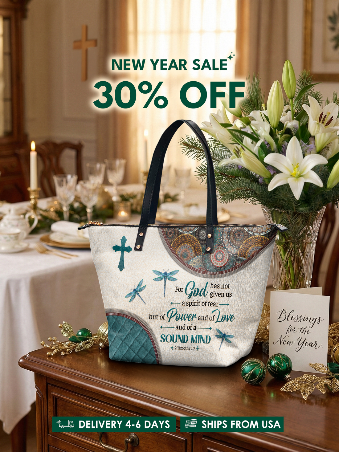 "Poise" - 2 Timothy 1:7 Leather Tote Bag – Christian apparel for women – Premium Vegan Leather