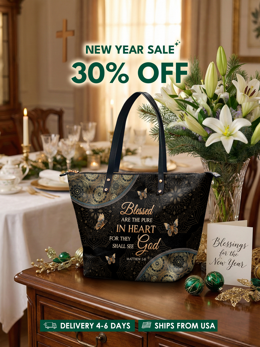 "Pure" - Matthew 5:8 Leather Tote Bag – Christian apparel for women – Premium Vegan Leather