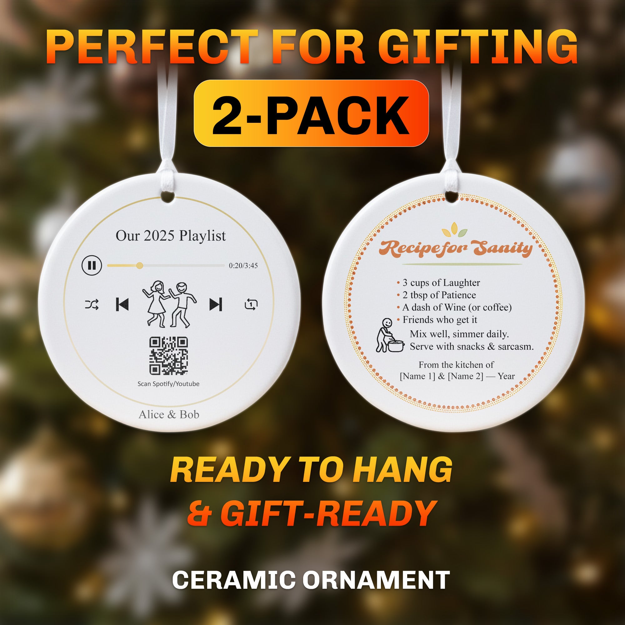 2 Ceramic Ornaments Set | Funny Recipe & Spotify Playlist Decor | Personalized Christmas Gift for Friends or Couples|ONMCB30