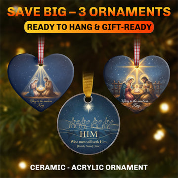 Personalized Nativity Ornament Set 3-Pack | Faith & Family Christmas Tree Decor | Ceramic & Acrylic Ornaments, Custom 2025 Gift|ONMCB05