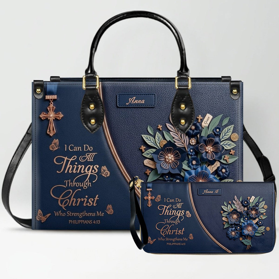 Custom Name Christian Leather Handbag by CHRISTIANARTBAG | I Can Do All Things Shoulder Bag, Religious Floral Gift for Her CAB01070126