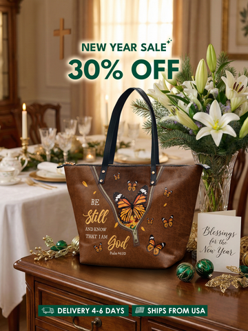 "Serene" - Psalm 46:10 Leather Tote Bag
