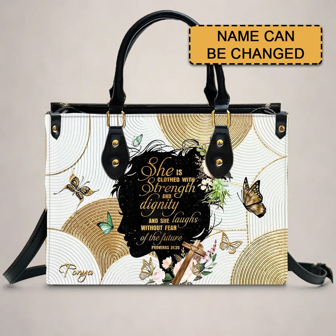 Personalized Christian Handbag – Proverbs 31:25 “Clothed in Strength and Dignity” – – Christian apparel for women – Leather H