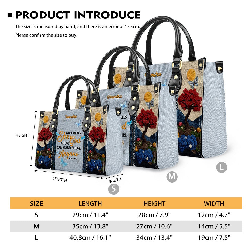 Christianartbag Handbags She Who Kneels Before God Romans 8 31 Embroidered Handbag – Christian apparel for women – Leather TO