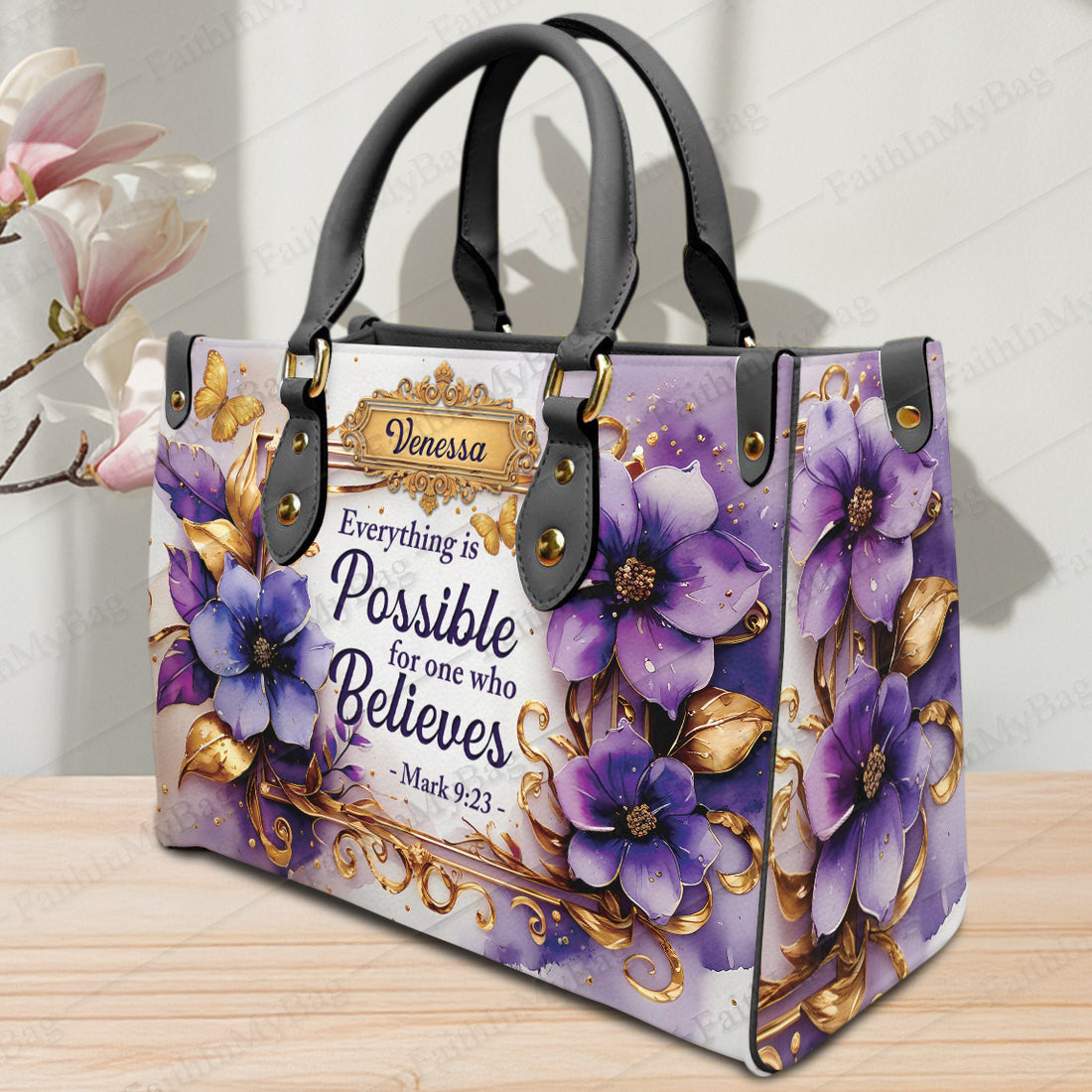 HB100 - Christian Handbag with Mark 9 23 Bible Verse, Custom Name Purple Faith Purse, Personalized Gift for Women Believers
