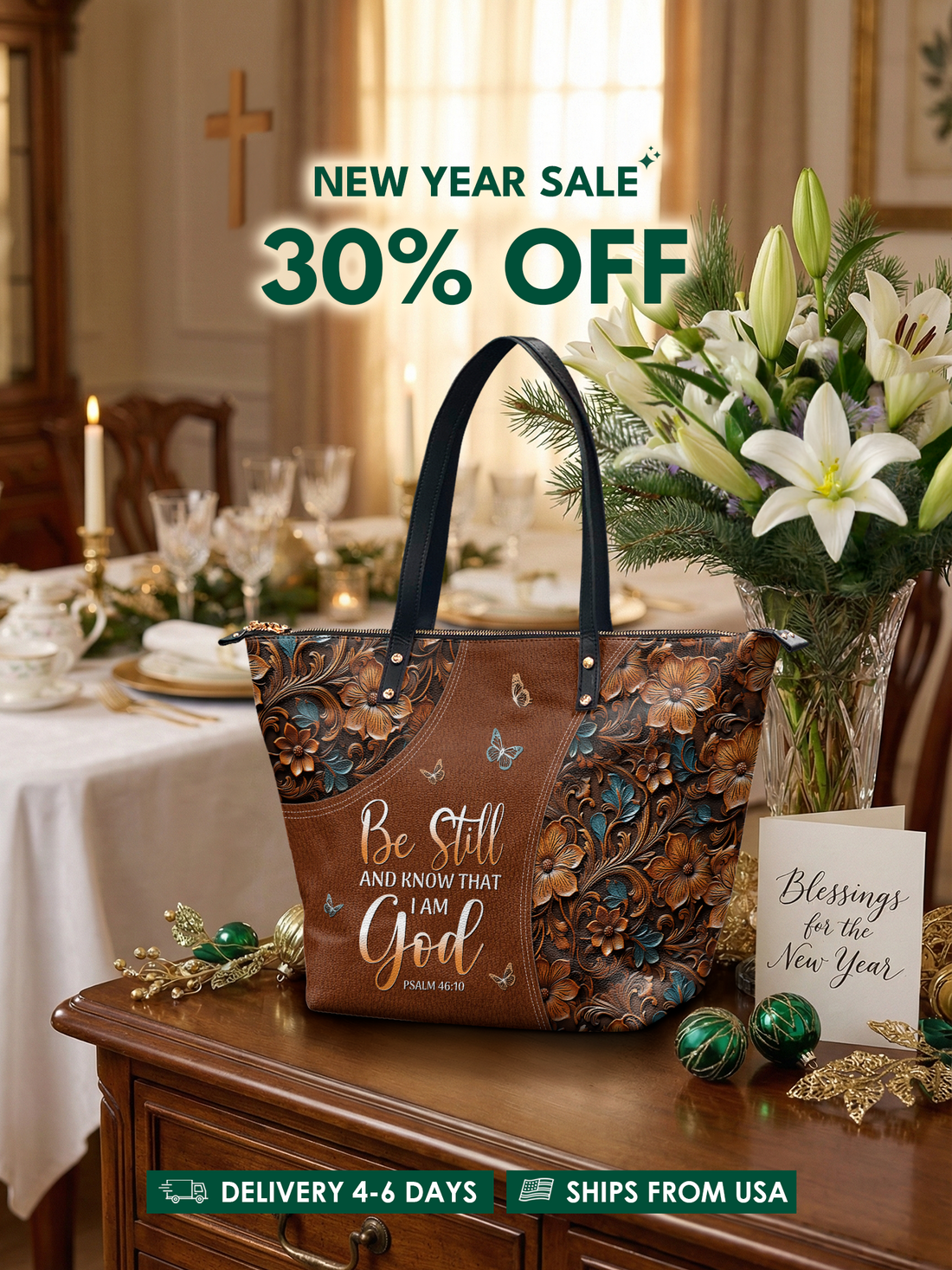 "Stillness" - Psalm 46:10 Leather Tote Bag – Christian apparel for women – Premium Vegan Leather