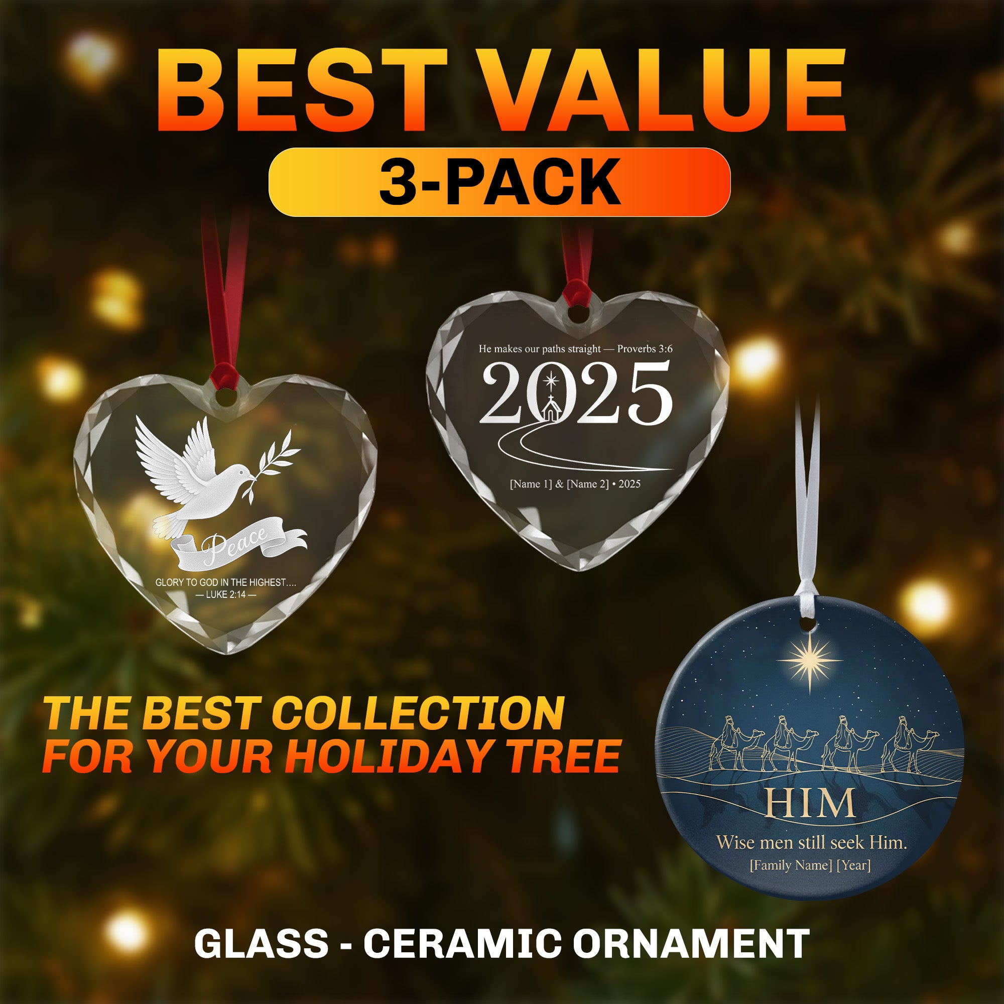 Personalized Christmas Ornament Set 3-Pack | Glass & Ceramic Christmas Ornaments | Peace Dove, Faith Family Tree Decor, Custom 2025 Holiday Gift|ONMCB04