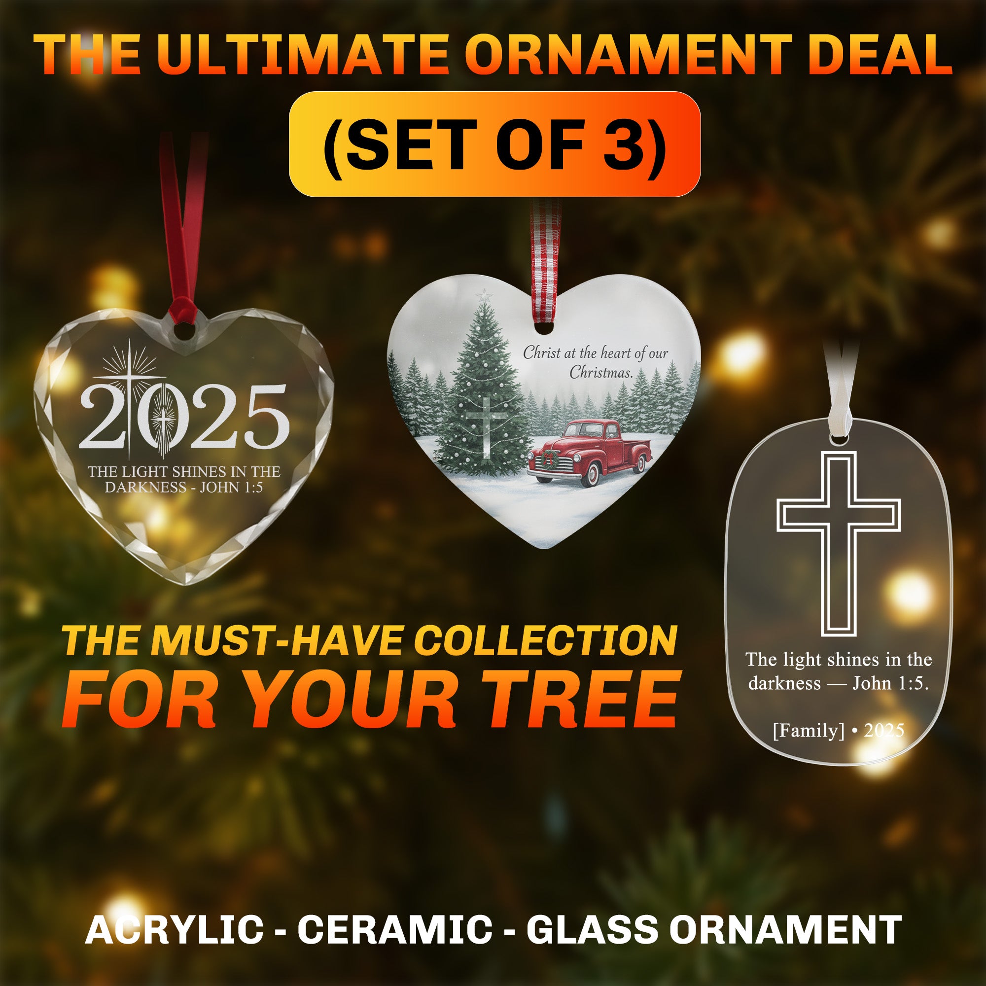 Personalized Christmas Ornament Set of 3 | Glass, Ceramic & Acrylic Ornaments | Christian Holiday Tree Decor & Faith Gift Set|ONMCB07