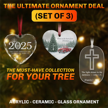 Personalized Christmas Ornament Set of 3 | Glass, Ceramic & Acrylic Ornaments | Christian Holiday Tree Decor & Faith Gift Set|ONMCB07