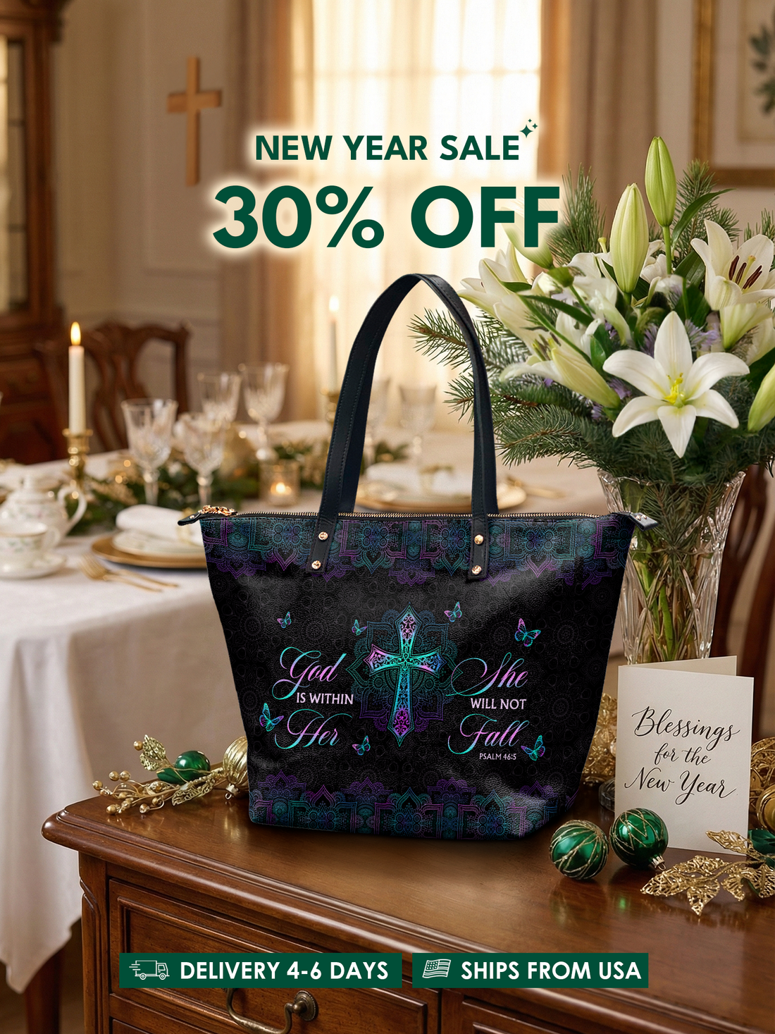 "Unshaken" - Psalm 46:5 Leather Tote Bag – Christian apparel for women – Premium Vegan Leather