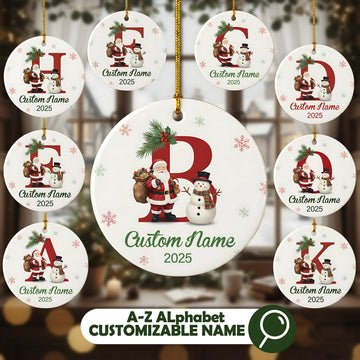 Custom Letter Ornament 2025, Personalized Alphabet Christmas Ornament A–Z, Santa & Snowman Name Keepsake, Holiday Tree Decoration Gift | Ornament149
