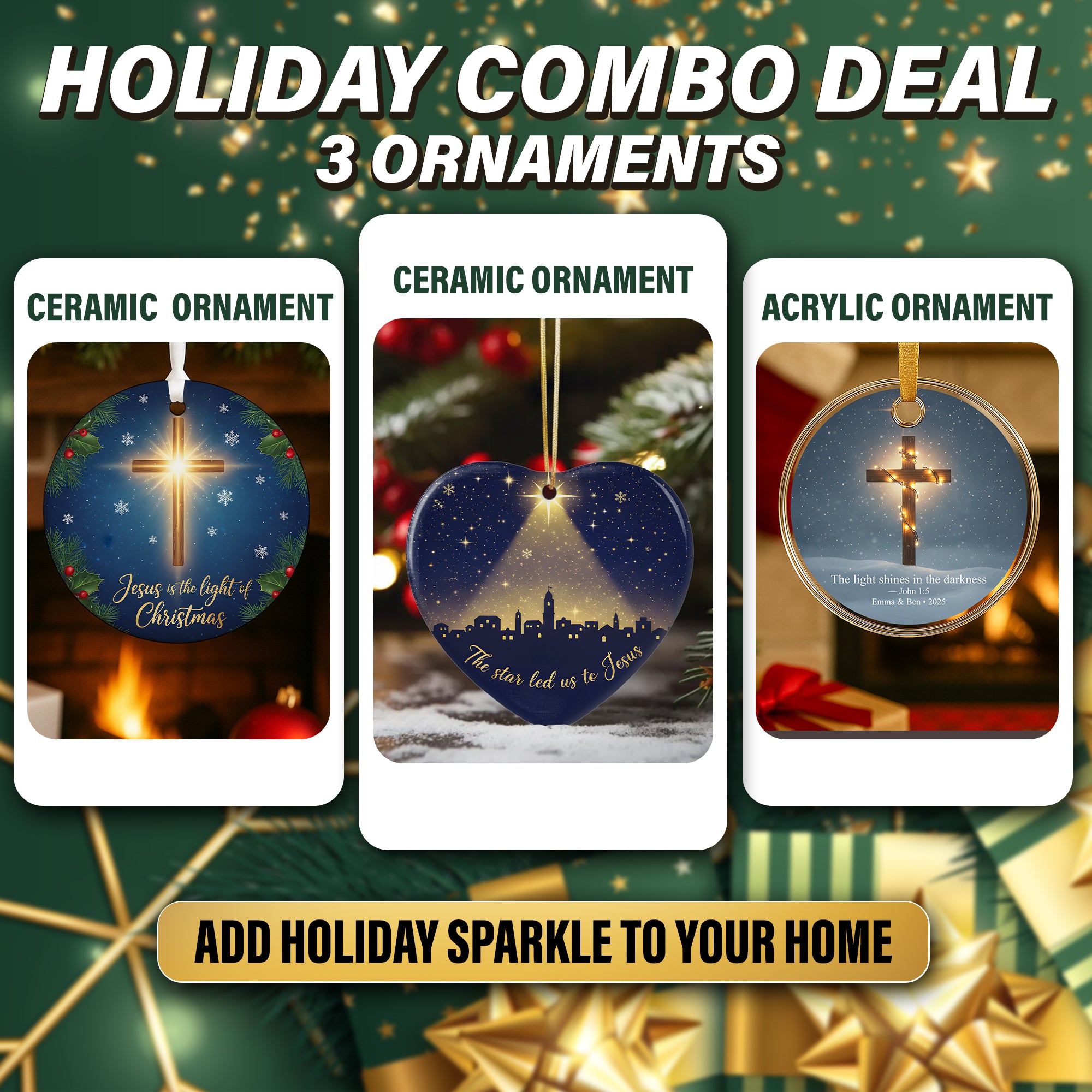 Christian Christmas Ornament Set of 3 | Cross & Star Ornaments Combo | Ceramic and Acrylic Holiday Decor Gift Bundle|ONMCB10
