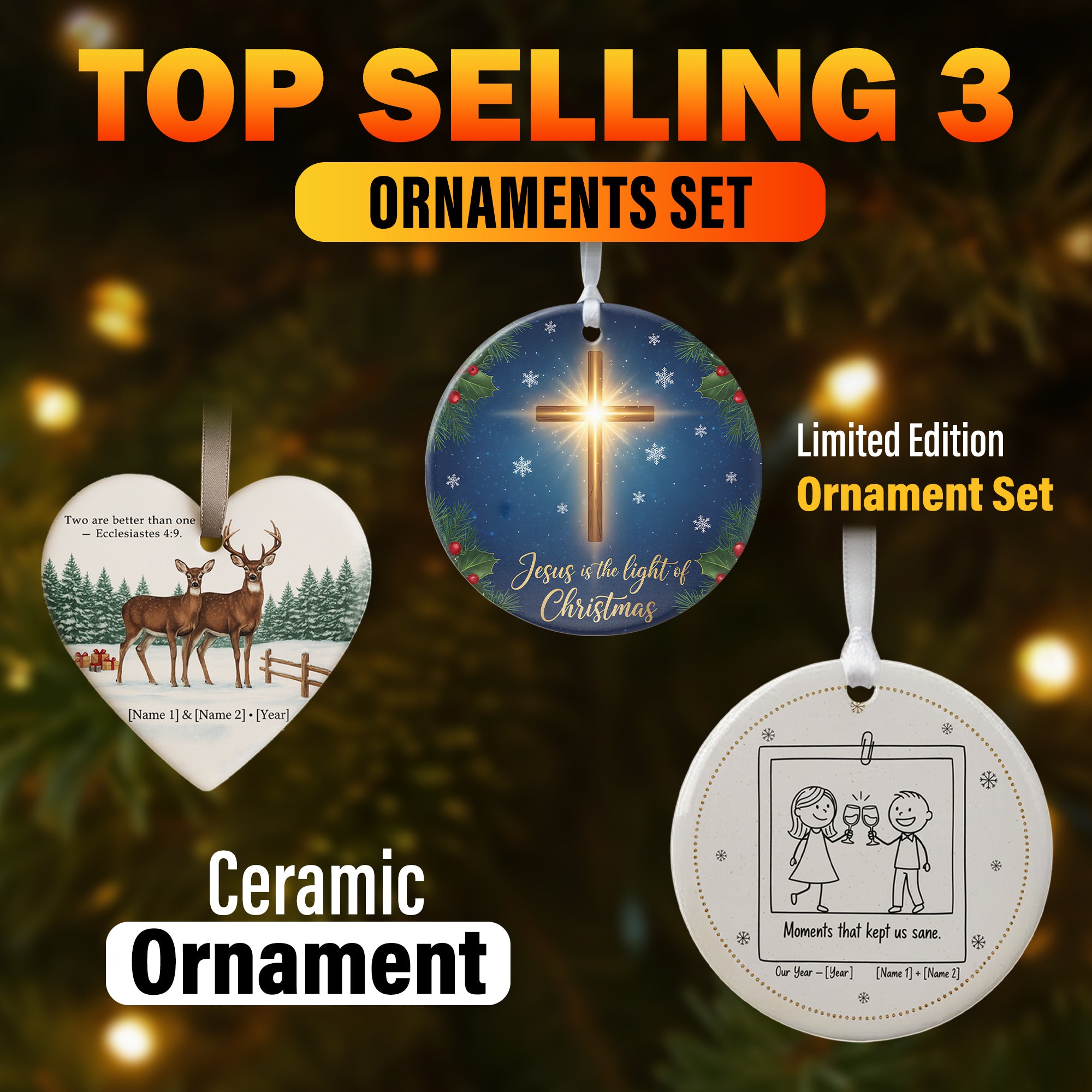 Personalized Ceramic Christmas Ornament Set of 3 | Holiday Ornament Bundle | Faith Deer Cross Family Design | Custom Gift Decor|ONMCB09