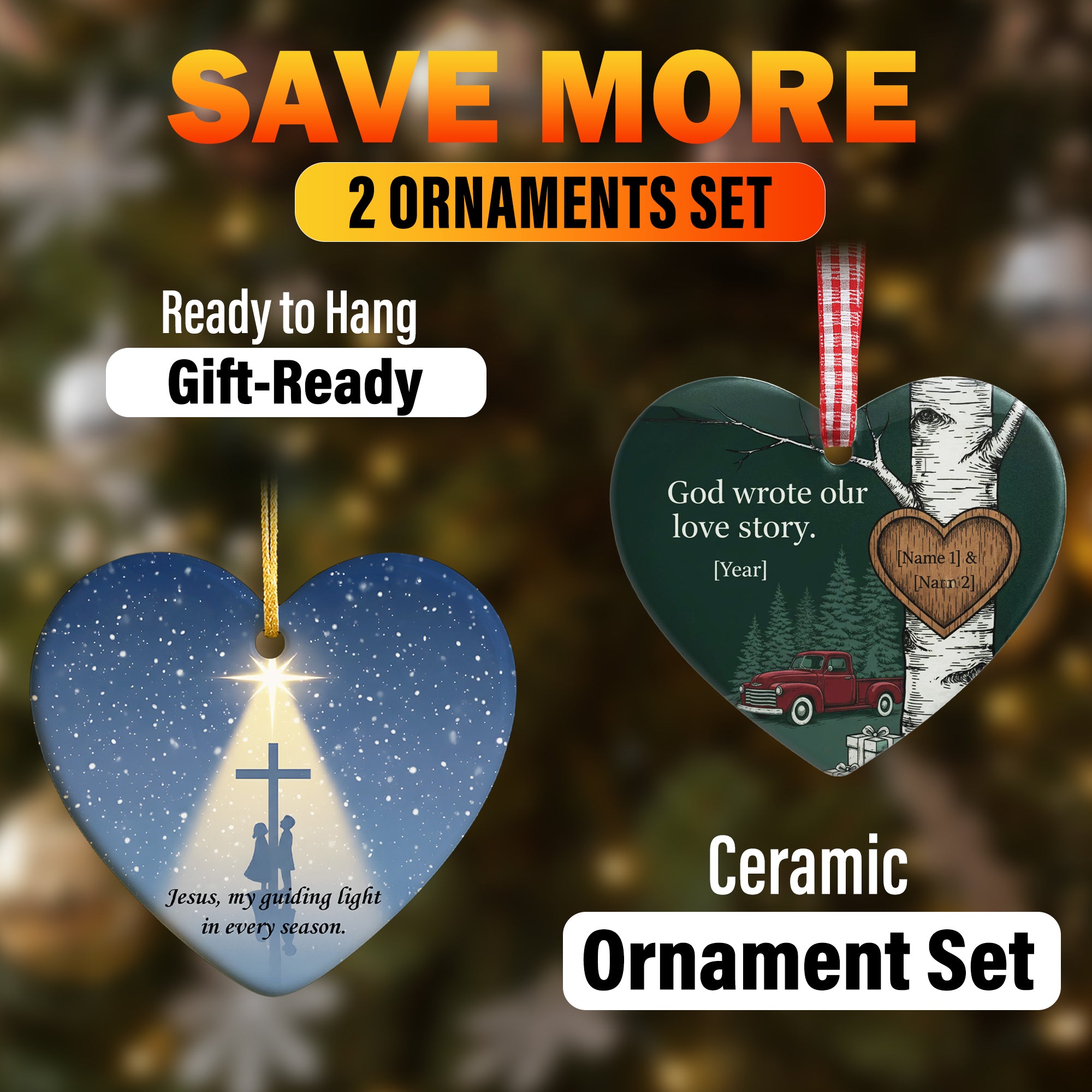 Personalized Couple Ornament Set 2-Pack | Custom Ceramic Heart Ornaments | Faith Christmas Tree Decor & Holiday Gift for Family or Lovers|ONMCB02