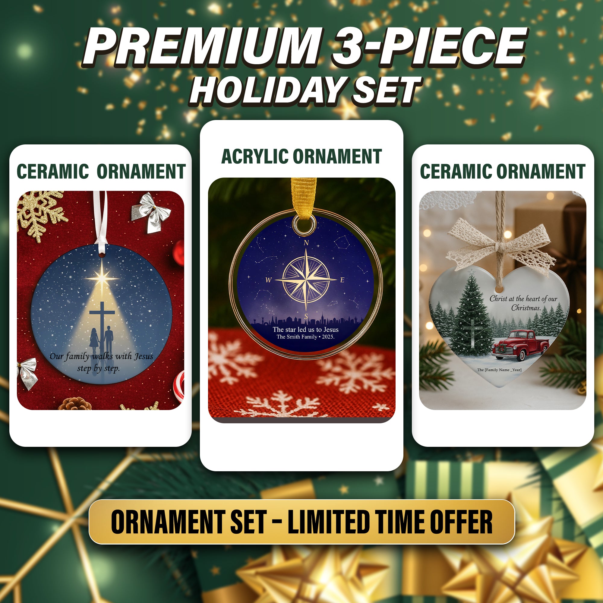 Christian Christmas Ornament Set | 3-Piece Ceramic & Acrylic Christmas Ornament Bundle | Religious Holiday Gift | Nativity & Faith Decor|ONMCB11