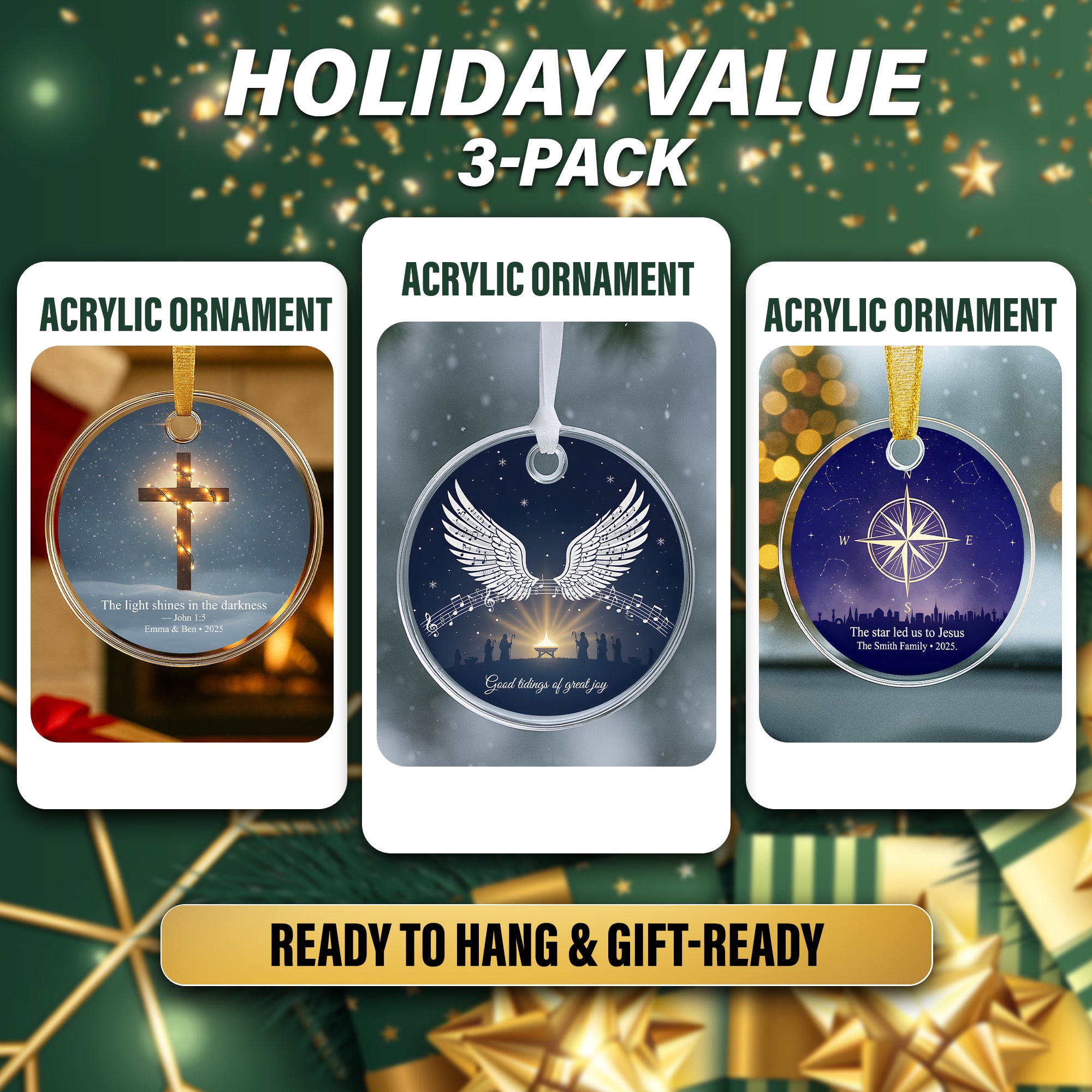 Christian Christmas Ornament Set of 3 – Acrylic Faith Ornaments with Cross, Angel Wings & Star Compass, Religious Gift for Tree Decor|ONMCB25