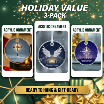 Christian Christmas Ornament Set of 3 – Acrylic Faith Ornaments with Cross, Angel Wings & Star Compass, Religious Gift for Tree Decor|ONMCB25