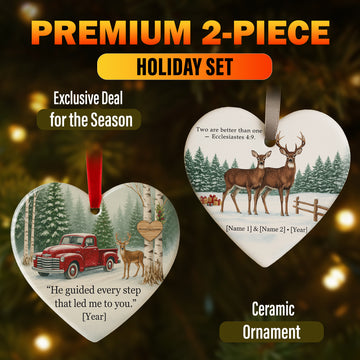 Religious Ornament Set of 2 – Christian Deer & Red Truck Heart Ornaments, Ceramic Christmas Gift for Couples and Family Tree|ONMCB33